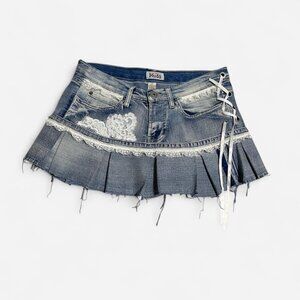 upcycled denim and lace pleated mini skirt